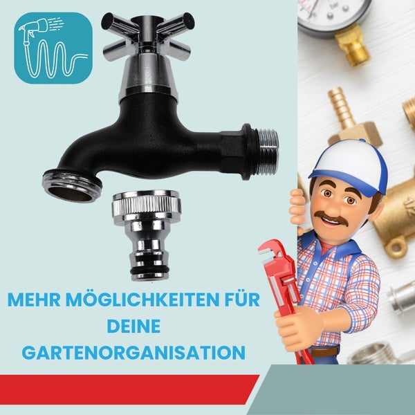 Gartenszene mit Wasserhahn, Schlauchanschluss und Cartoon-Klempner für Gartenorganisation