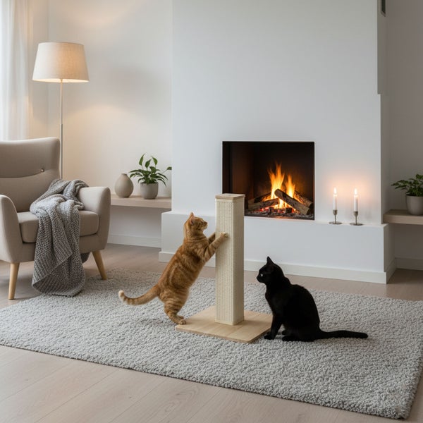 Zwei Katzen an einem Kratzstamm in einem Wohnzimmer mit Kamin, Sessel und Teppich.