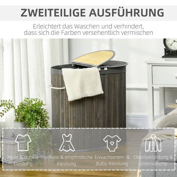 HOMCOM Bambus Wäschekorb mit Deckel 100L Wäschesammler mit Griffen, 2 herausnehmbarer Wäschesack, Wäschesortierer Wäschebox für Waschküche, Badezimmer, Schlafzimmer, Grau