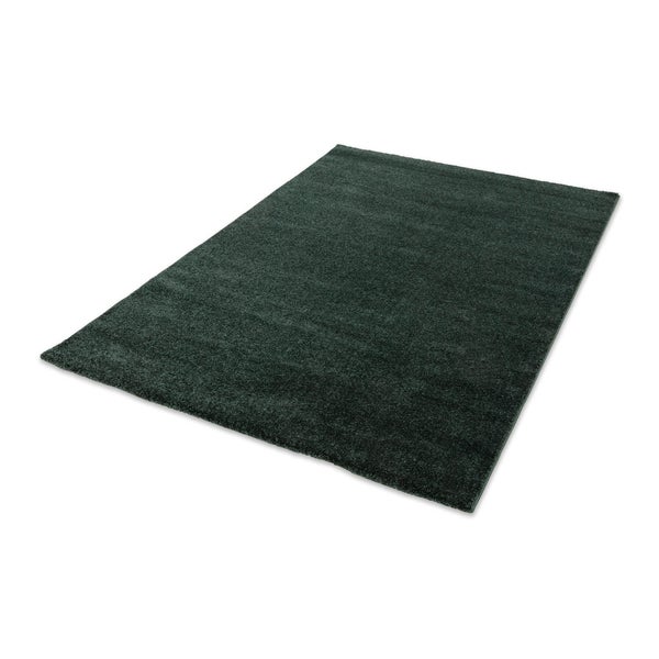 Dunkelgrüner Hochflor-Teppich, rechteckig, weiche Oberfläche.