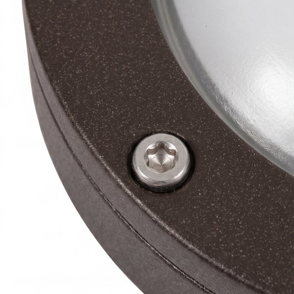 Nahaufnahme einer Torx-Schraube am Metallgehäuse einer Außenleuchte.