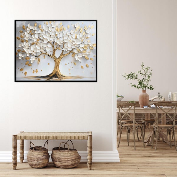 Wandbild mit Baummotiv in einem modern eingerichteten Wohnbereich mit Holzbank und Weidenkörben