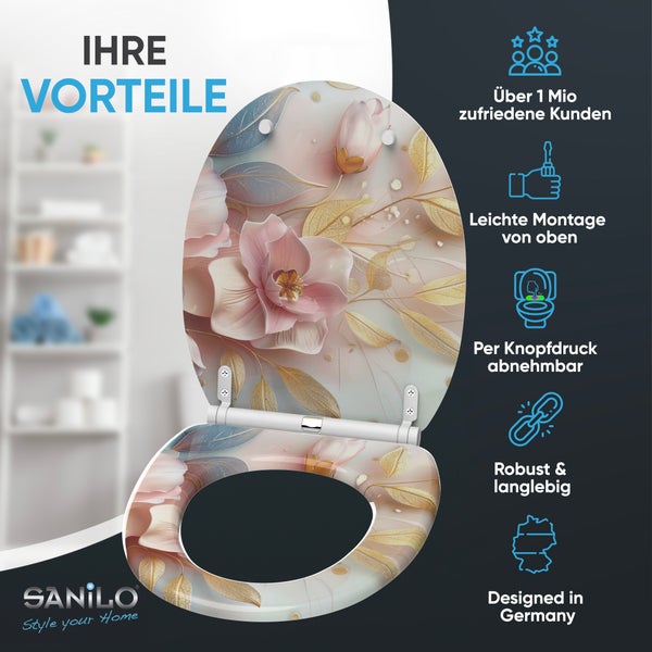 Sanilo Toilettendeckel mit Blumenmuster und den Vorteilen: Über 1 Million zufriedene Kunden, einfache Montage, abnehmbar per Knopfdruck, robust und langlebig, entworfen in Deutschland