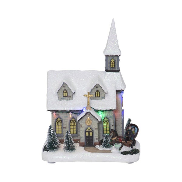 Weihnachtsdekoration Kirche mit Pferdeschlitten und LED Beleuchtung