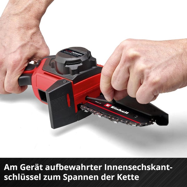 Einhell Kettensäge mit am Gerät aufbewahrtem Innensechskantschlüssel zum Spannen der Kette.