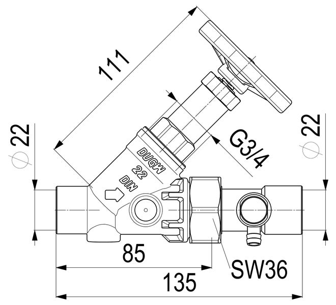 Technische Zeichnung eines Schrägsitzventils mit Maßangaben 135 Millimeter Länge, 111 Millimeter Höhe und 22 Millimeter Durchmesser.
