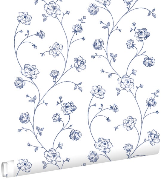ESTAhome Tapete Toile de Jouy Rosen Weiß und Blau - 53 cm x 10.05 m - 139300