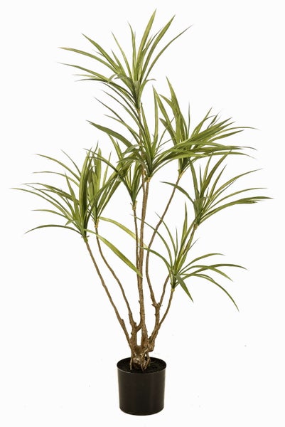 Künstliche Yucca-Pflanze mit mehreren Stämmen und grünen Blättern im schwarzen Topf.