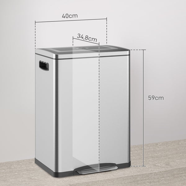 Abfalltrennsystem mit den Maßen 40 cm Breite, 34,8 cm Tiefe und 59 cm Höhe.