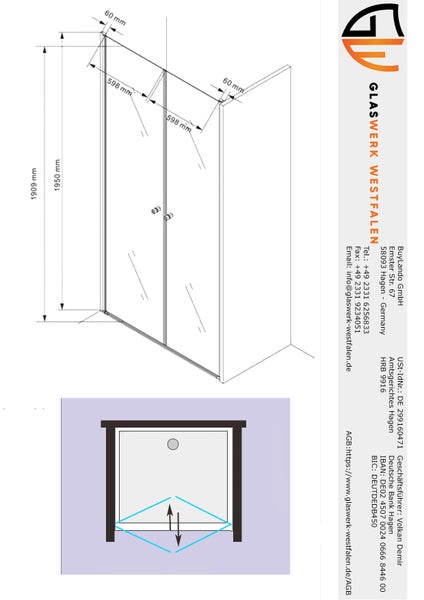 Technische Zeichnung einer Duschkabine mit Maßangaben