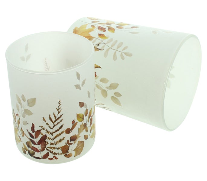 Zwei Teelichthalter aus Glas mit herbstlichem Blätterdekor