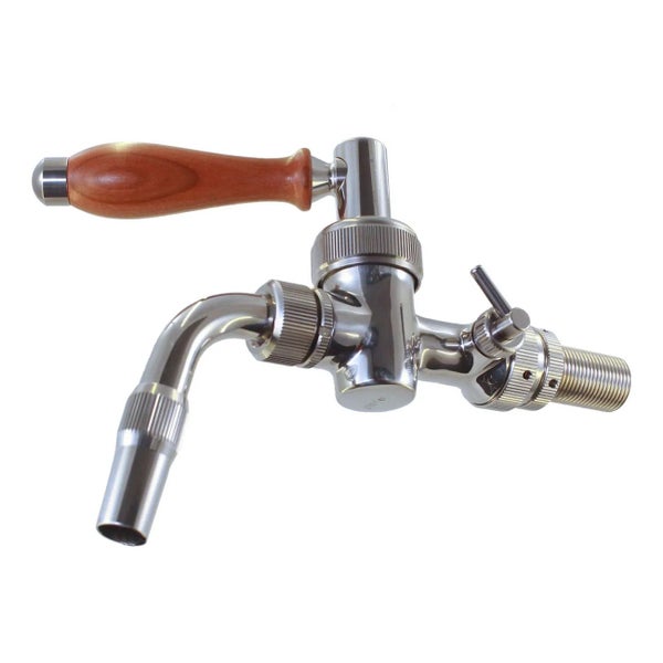 Schankhahn aus Metall mit Holzgriff und Kompensator für Bierzapfanlagen.
