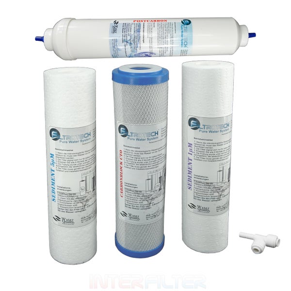 Set mit vier Filtrotech Wasserfilter Kartuschen für Umkehrosmose Anlagen inklusive einem T-Stück Anschluss für die Wasseraufbereitung.