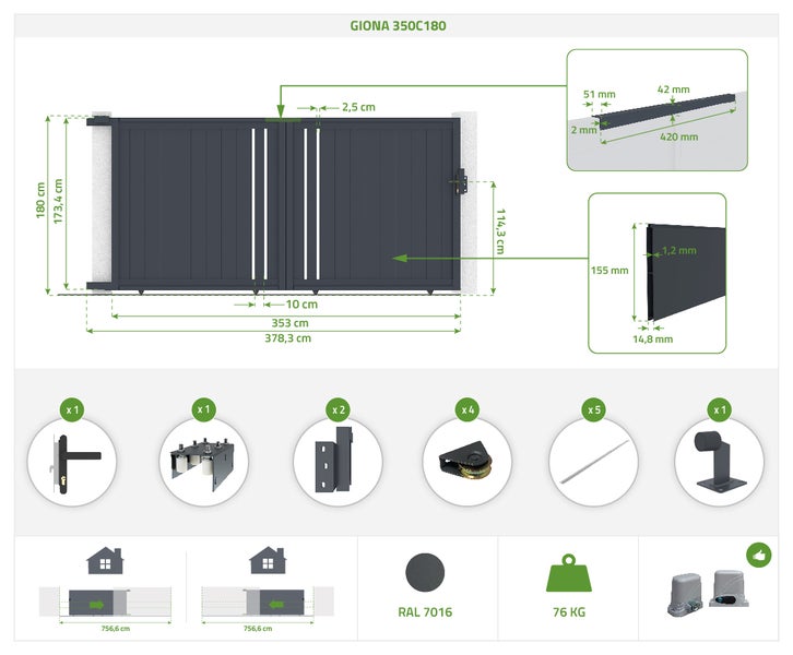 Schiebetor 3,5m GIONA H.180 graues Aluminium + 2 Pfosten 20x20cm H.190cm