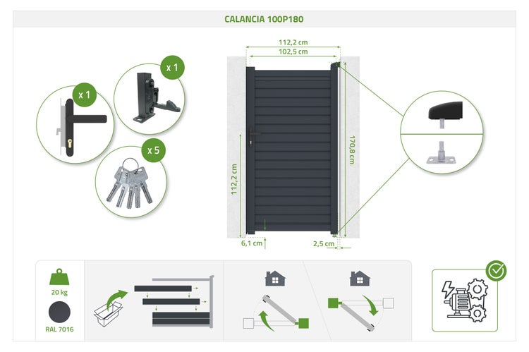 Aluminium-Gartentür Calancia 100P180 in Anthrazit RAL 7016 mit Maßangaben, fünf Schlüsseln, Türdrücker, Montagematerial und Vorbereitung für Torantrieb.