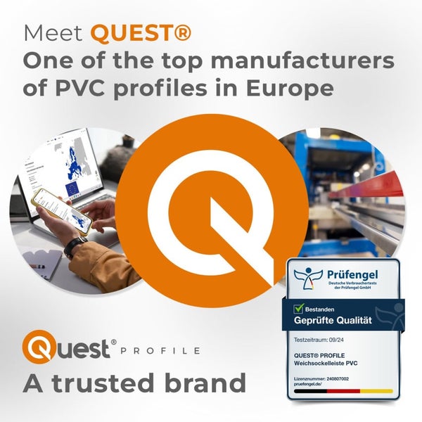 Quest Profile Logo und Prüfengel Siegel für geprüfte Qualität. Hersteller von PVC-Profilen aus Europa mit Einblicken in Fertigung und Planung.