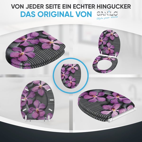 Sanilo WC Sitz mit Orchideen und Stein Motiv auf vier Produktansichten dargestellt