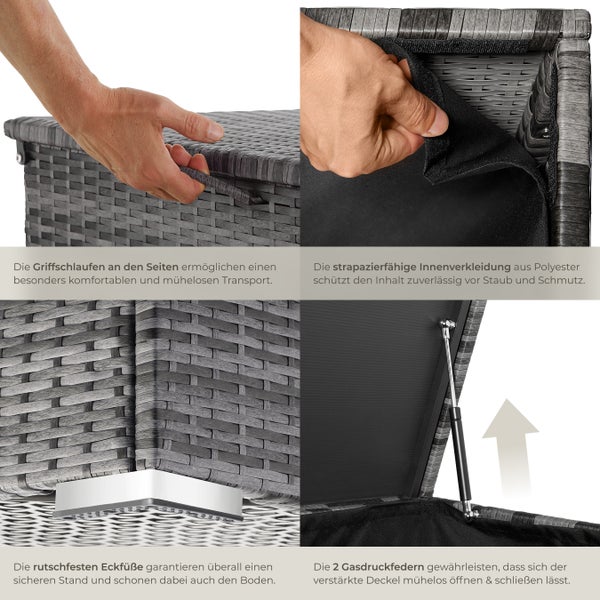 Auflagenbox tectake Oslo 145 x 82,5 x 79,5 cm 750 l, mit Aluminiumgestell und Rattangeflecht grau