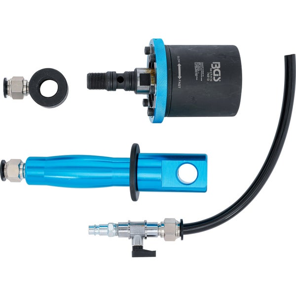 Pneumatisches Bremskolben-Rückstellgerät-Set von BGS technic mit Haupteinheit, Adapter und Luftschlauch mit Ventil. BGS technic Logo.