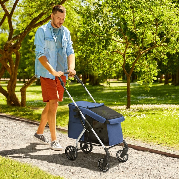 PawHut Hundewagen leicht Hundebuggy aus Aluminium klappbar für Hunde & Katzen bis 10 kg Katzenbuggy mit Kissen Netzfenstern Türen Aufbewahrungskorb Katzenwagen Buggy Dunkelblau