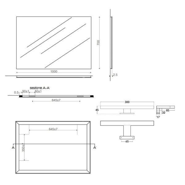 Technische Zeichnung eines rechteckigen Spiegels mit Abmessungen