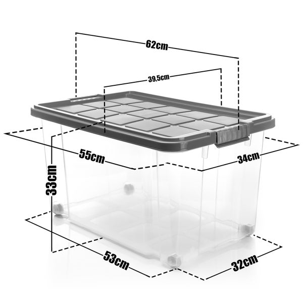 BigDean 4 Stück 60 L Aufbewahrungsbox mit Deckel groß stahlgrau - stapelbare robuste Box BPA-frei - rollbare Stapelbox mit festen Klickverschlüssen - Made in Germany