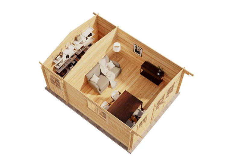 Draufsicht auf ein zweiraumiges Gartenhaus aus hellem Holz mit Wohnbereich, Essbereich und separatem Lagerraum mit Regalen.