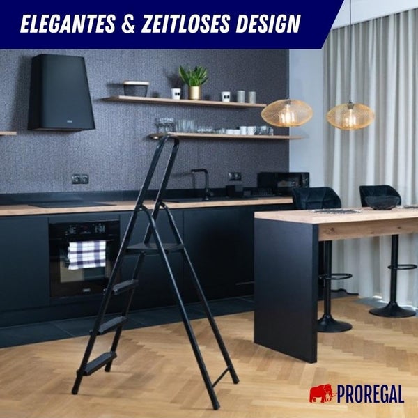 PROREGAL Stufenstehleiter Economy Basic Aus Hochleistungsstahl Einseitig Begehbar 4 Stufen Arbeitshöhe 2,75 m Traglast 125 kg Schwarz