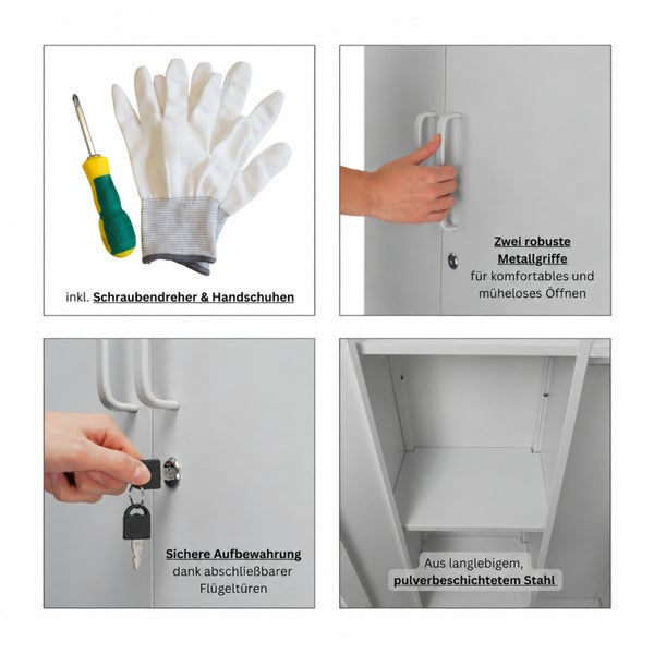 Detailansichten eines Metallschranks inklusive Schraubendreher und Handschuhen sowie Darstellung der Metallgriffe, Schlossfunktion und Bauweise.