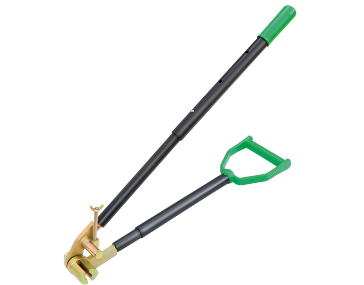 Manueller Pfostenheber mit zwei schwarzen Metallstielen, grünen Kunststoffgriffen und einer Klemmvorrichtung aus Metall zum Entfernen von Zaunpfosten.