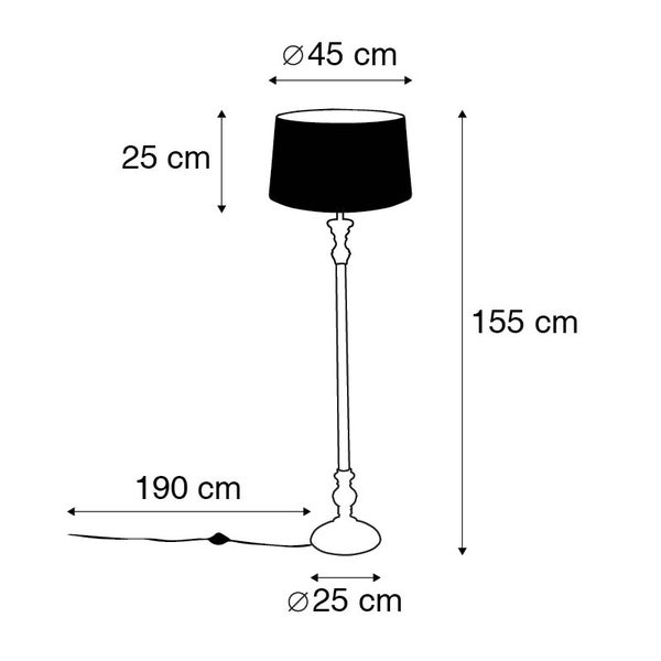 Skizze einer Stehlampe mit den Maßen: Höhe 155 cm, Lampenschirmdurchmesser 45 cm, Lampenschirmhöhe 25 cm, Fußdurchmesser 25 cm, Kabellänge 190 cm