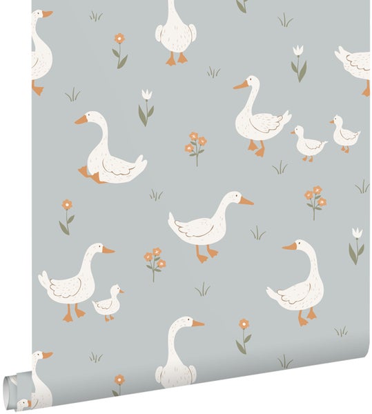 Tapete mit Gänse- und Blumenmuster