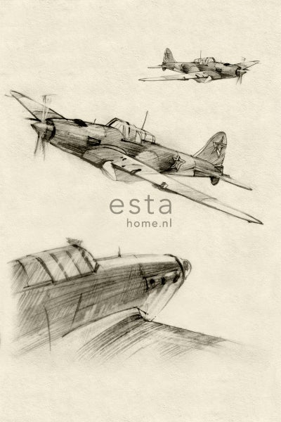 ESTAhome Fototapete Flugzeugzeichnungen Beige und Grau - 186 cm x 2,79 m - 158805