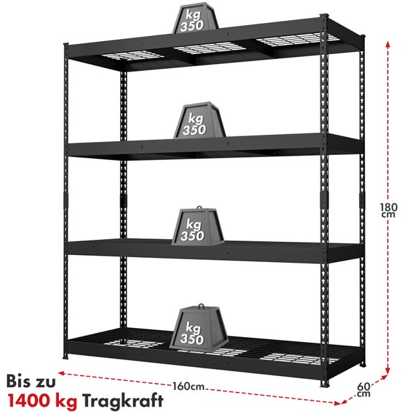 Schwarzes Schwerlastregal mit vier Ebenen und einer maximalen Tragkraft von 1400 Kilogramm