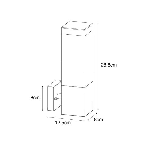 Technische Zeichnung einer rechteckigen Wandleuchte mit Maßen: Höhe 28,8 Zentimeter, Breite 12,5 Zentimeter, Tiefe 8 Zentimeter.