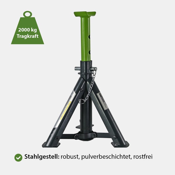 Unterstellbock aus pulverbeschichtetem Stahl mit 2000 Kilogramm Tragkraft.