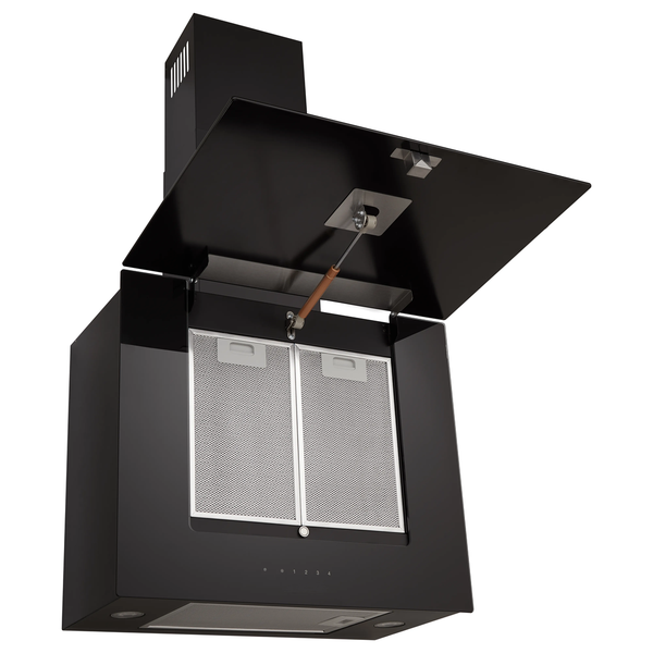 Schwarze kopffreie Dunstabzugshaube mit geöffneter Glasfront und sichtbaren Metallfettfiltern.