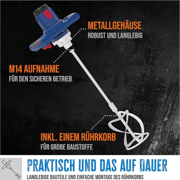 Güde Rührwerk mit Metallgehäuse, M14 Aufnahme und Rührkorb für grobe Baustoffe.