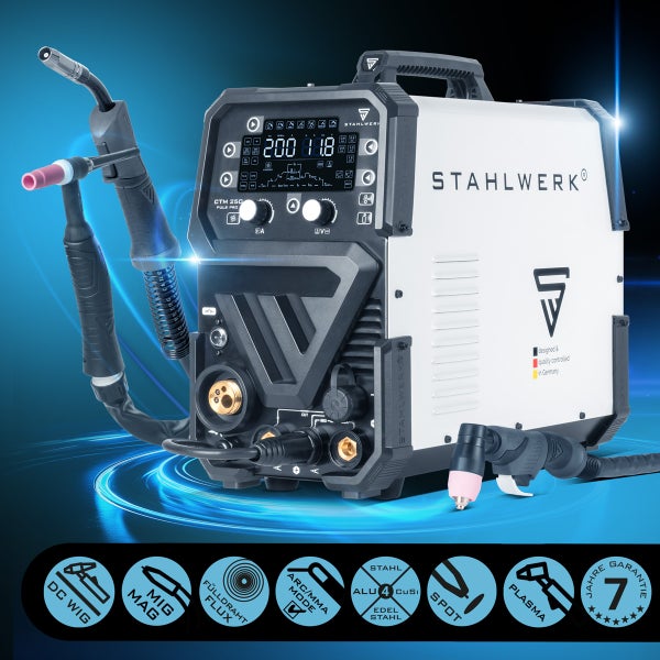 STAHLWERK CTM 250 Puls Pro Schweißgerät mit DC WIG, MIG MAG, Fülldraht Flux, ARC MMA Mode, geeignet für Stahl, Aluminium, Kupfer, Edelstahl mit Plasma Funktion und sieben Jahre Garantie. STAHLWERK Logo.