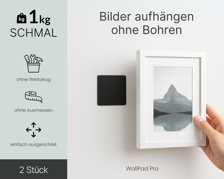 Wandbefestigungssystem zum Aufhängen von Bildern ohne Bohren. Hält bis zu 1 kg, schmale Ausführung. Lieferung im 2er Pack.