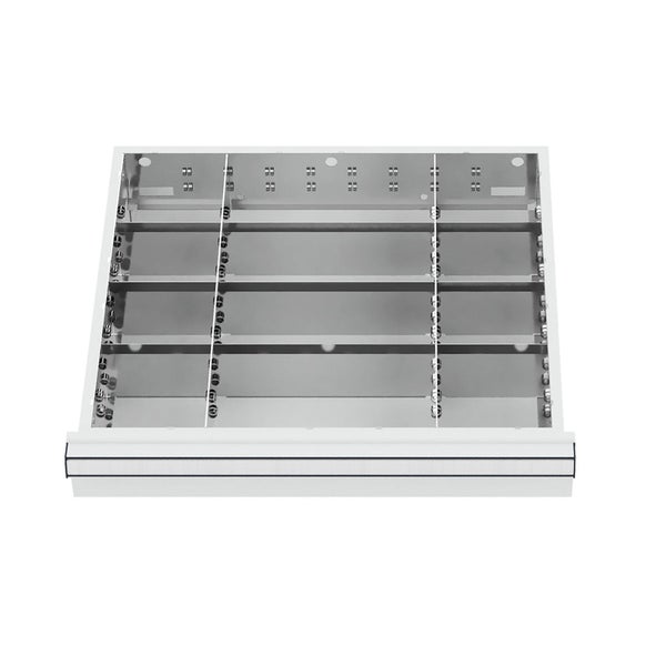 Schubladeneinsatz aus Metall mit mehreren Fächern zur Organisation und Aufbewahrung.