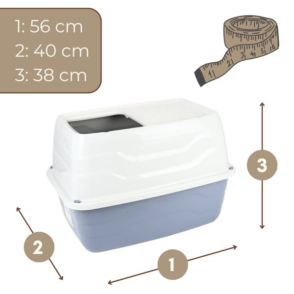 Geschlossene Katzentoilette mit Haube. Maße: Länge 56 Zentimeter, Breite 40 Zentimeter, Höhe 38 Zentimeter.