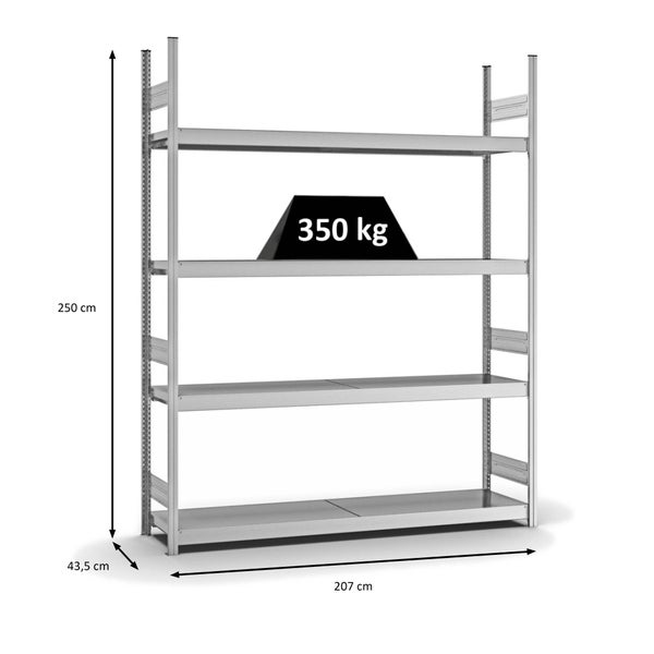 PROREGAL Weitspannregal Stecksystem T-Profil Grundregal HxBxT 250x200x40 cm 4 Ebenen Stahlplatten Fachboden Fachlast 350 kg Verzinkt