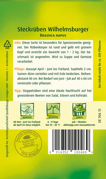 Rückseite der Saatgutpackung für Steckrüben Wilhelmsburger Brassica napus mit Hinweisen zu Aussaat, Keimung, Ernte und Quality Seed Testing Labor Logo.