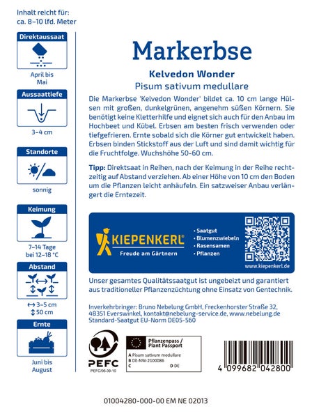 Saatgutpackung Markerbse Kelvedon Wonder von Kiepenkerl mit Anbauinformationen und Hinweisen zur Aussaat und Erntezeit.