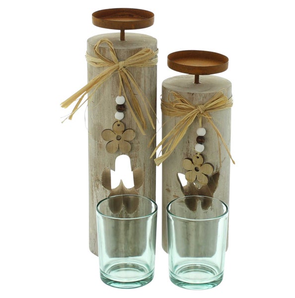 FRANK FLECHTWAREN | Windlicht Blüten, 2er Set, HOLZ, METALL, GLAS, BAST, 8 x 8 x 30 cm, 8 x 8 x 35 cm