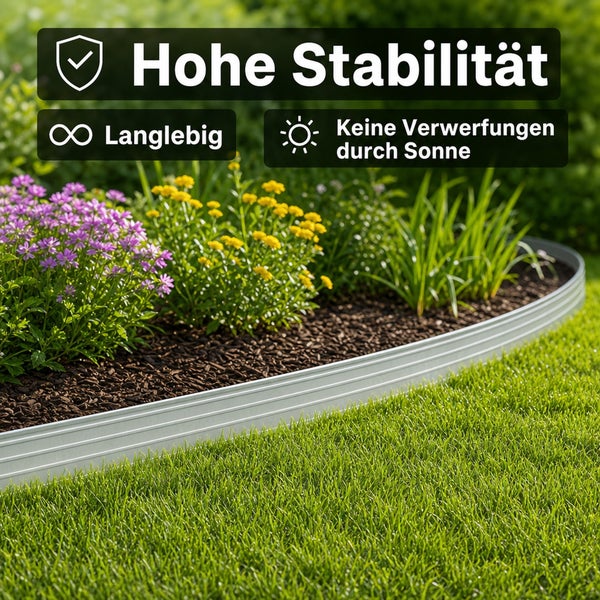 Eine Rasenkante aus Metall trennt ein Blumenbeet von einem Rasen und bietet hohe Stabilität sowie Langlebigkeit gegen Sonneneinstrahlung.