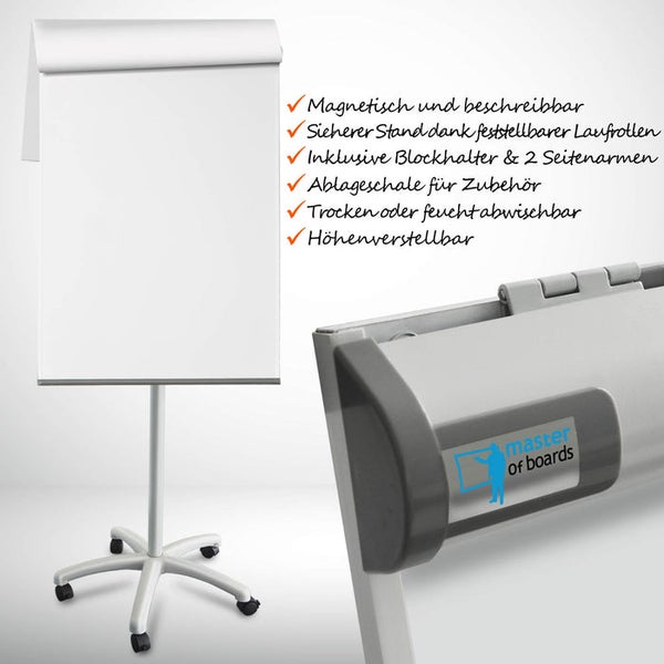 Mobiler Flipchart und Whiteboard, höhenverstellbar mit Rollen, magnetisch, beschreibbar und trocken abwischbar, Master of boards Logo.