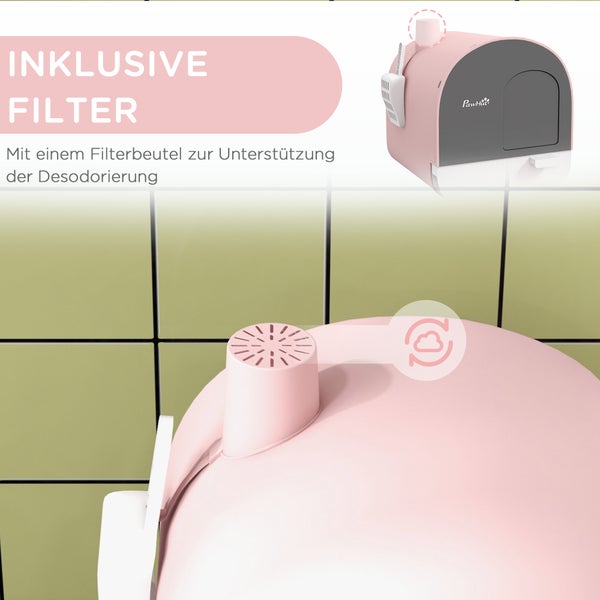 PawHut Katzentoilette mit Deckel, Katzenklo inkl. Schaufel und Streu-Matte, Ausziehbares Tablett, Katzenklo für Katzen bis 5 kg, Rosa, 43 x 44 x 47 cm