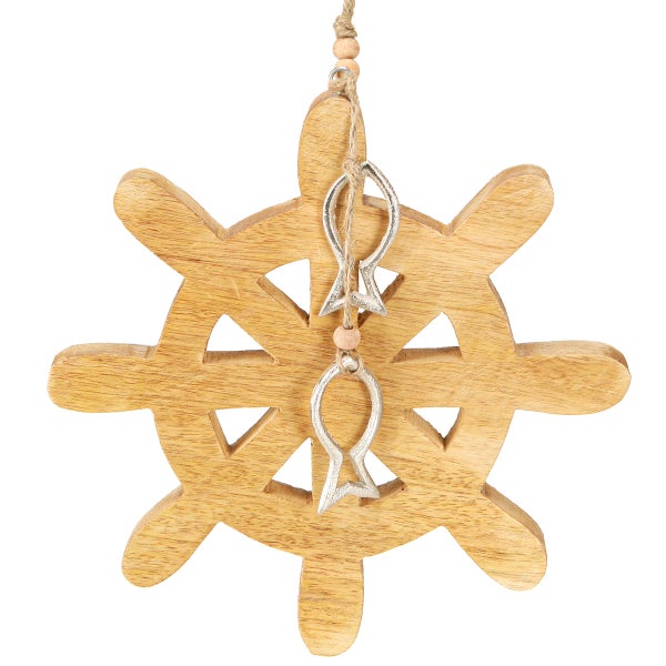 Dekorationselement Steuerrad aus Holz mit Fischanhänger